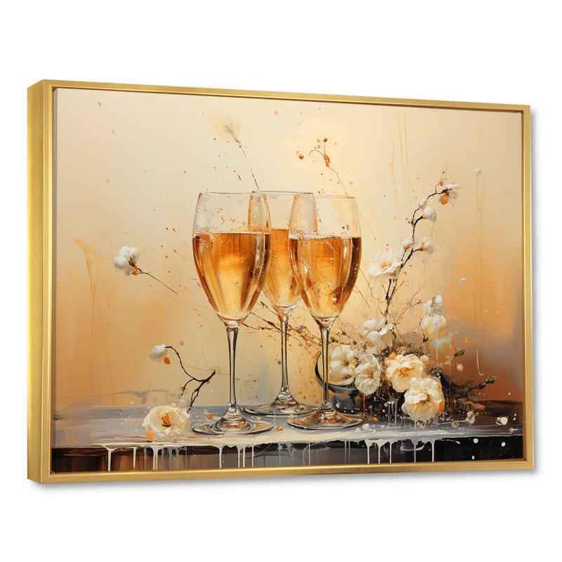French Champagnes Cheers II - Imprimé, H 12 po x l 20 po x P 1 po, Cadre flottant doré