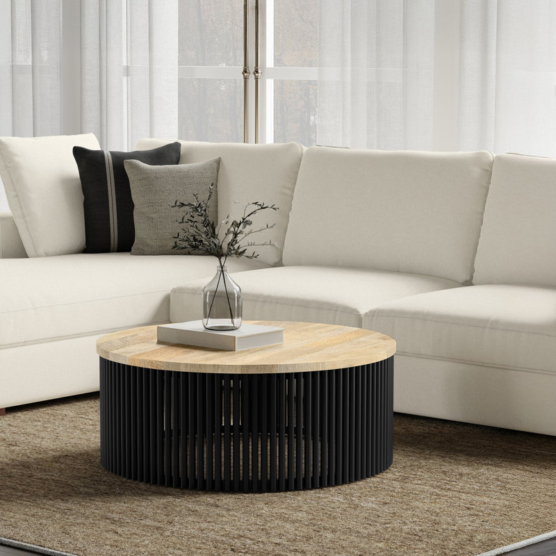 Demy 35"W Solid Wood and Metal Industrial Contemporary Round Coffee Table with Sculptural Base and Powder Coated Frame