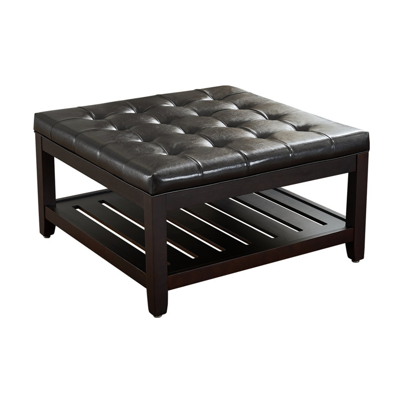 33.5" Wide Tufted Square Cocktail Ottoman With Free Tray, Dark Brown Faux Leather
