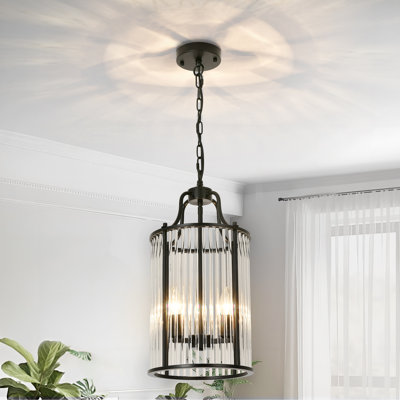 3-Light Glass Rod Drum Pendant, Luxury Matte Black Hanging Fixture for Kitchen Island & Dining Room