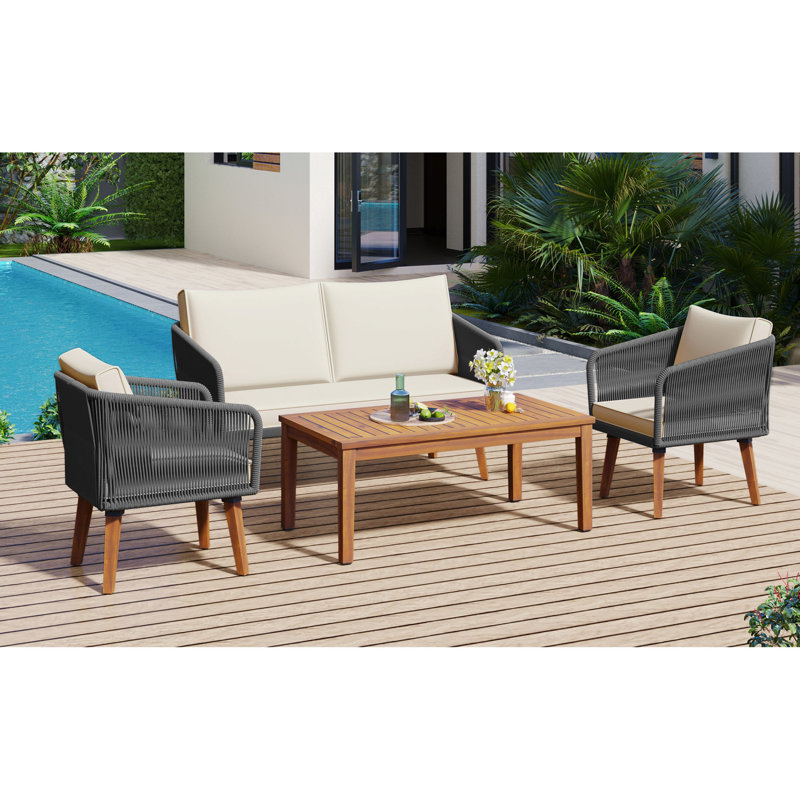 Conversation de patio extérieur avec structure en métal et coussins amovibles - 4 pièces coussins en bois