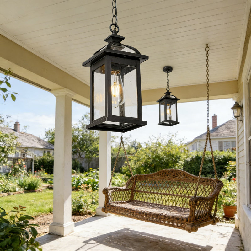 Outdoor Pendant Light Fixture With Seeded Glass, Durable Aluminum Construction, Adjustable Chain For Porch, Patio, Entryway - UL Listed, Weather Resistant