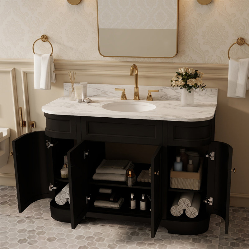 Meuble-lavabo simple autoportant 48 po avec comptoir en pierre ingénieur, 48 po, assemblé à la main, certificat EPA, Noir