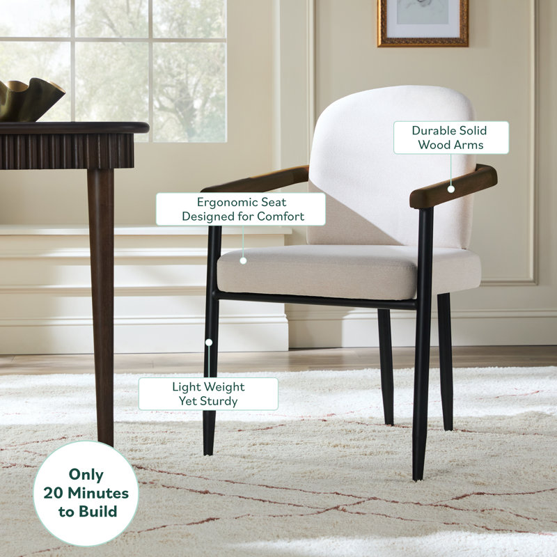 Aleric Modern Curved Wood and Black Metal Upholstered Dining Chair, Dark Brown Oak