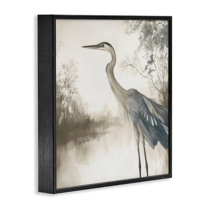 Estampe gracieuse héron sur eau, estampe numérique, design par Mona Grace, Giclée encadrée noir minuit, H 12 po x l 12 po