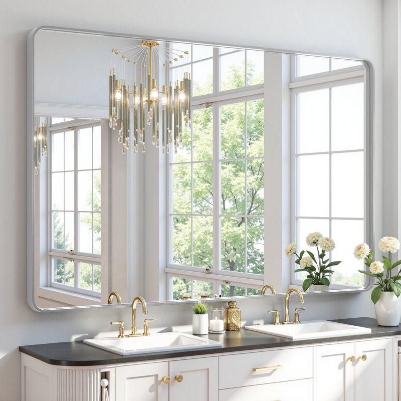 Lunara 1.18" Deep Rounded Corner Rectangular Bathroom Wall Mirror with Premium Tempered Glass & Aluminum Alloy Framed, Silver