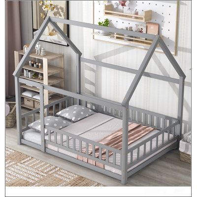Floor Wooden Bed With House Roof Frame And Fence Guardrails, Perfect For Imaginative And Safe Sleep