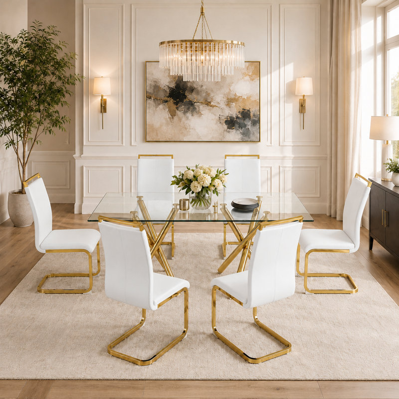 Ensemble de salle à manger 7 pièces Modern Glam, Blanc / Doré, Doré