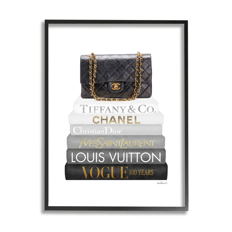 " Black Glam Purse Chic Modern Bookstack " by Amanda Greenwood, 15" H x 10" W x 0.5" D, Midnight Black Framed Giclee