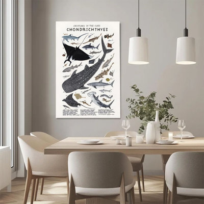 1Pc Framed Canvas Poster Print Cartilaginous Fish, Marine Life Illustration, Naturalistic Scientific Drawing Style Wall Art Decor, Perfect for Room Decor Living Room Bedroom Office Kitchen Bathroom Home Decor, Ideal Home Wall Decoration Gift, 2D Flat