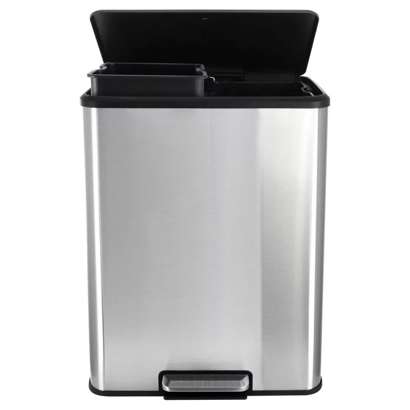Bac à déchets 60 litres à double compartiment en acier inoxydable, couvercle à fermeture lente, recyclage / déchets