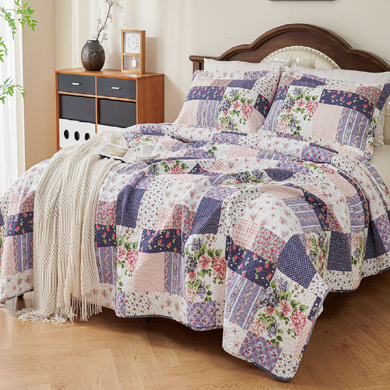 Purple/Pink Multi Color And Patterns Cotton Reversible Quilt Set, Queen Quilt + 2 Standard Shams