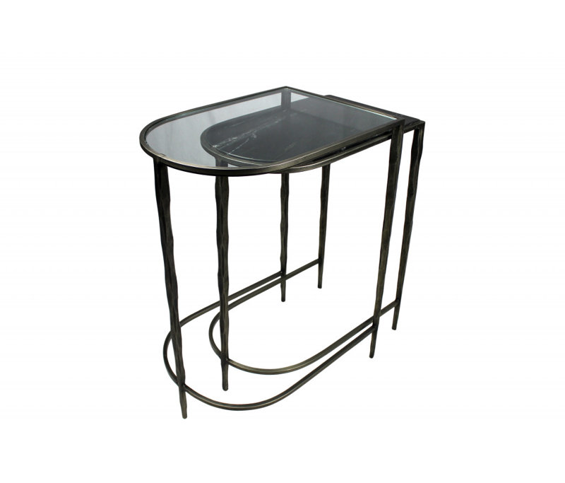 Set of Two 25" Black And Clear Glass And Genuine Marble Half Circle Three Leg Console Table
