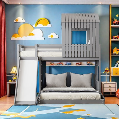 Wooden Twin Over Full Bunk Bed, Loft Bed With Playhouse, Farmhouse, Ladder, Slide And Guardrails
