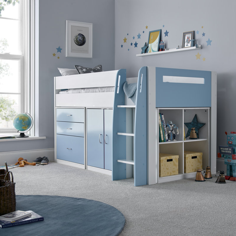 113 X 198cm Loft Bed Bed Frame with Built-in Ladder Included, Blue