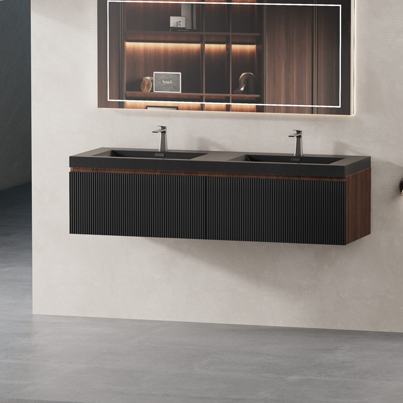 Meuble-lavabo mural avec lavabo à surface solide, Noyer, Noir, 59"