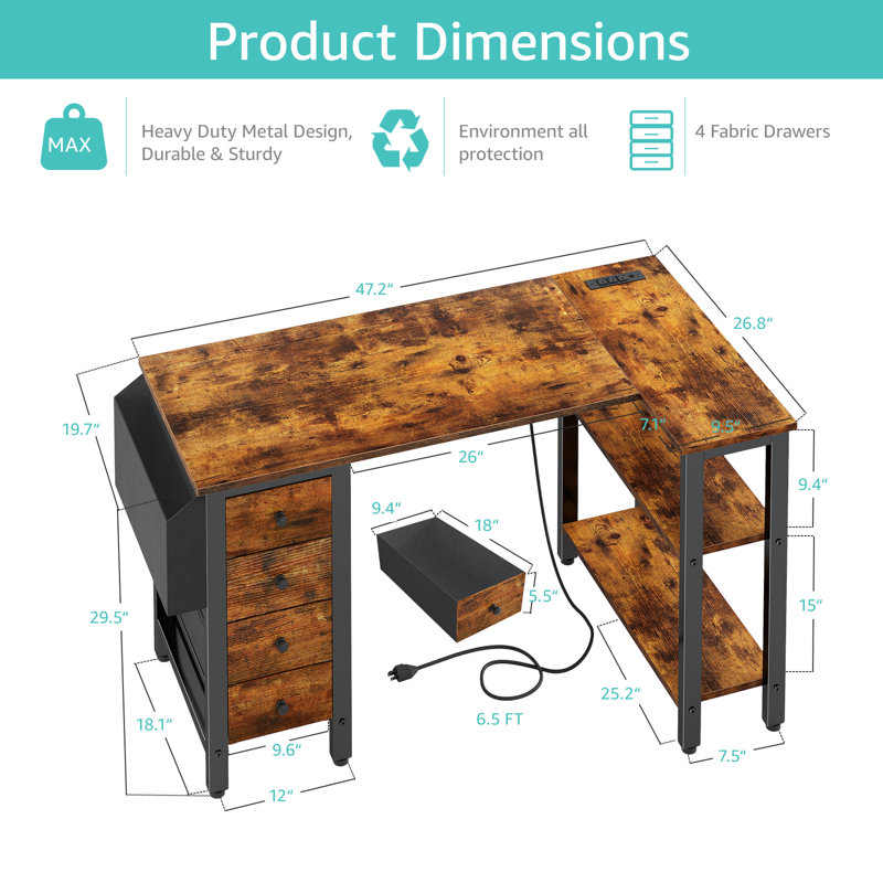 Built-in Outlets L-Shaped Computer Desk with Drawers & Storage Shelves, Brown/Black, 29.5" H x 47.2" W x 26.8" D
