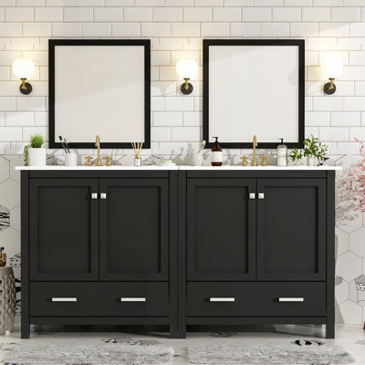Ensemble de meuble-lavabo 60 po avec lavabos doubles, lavabos en céramique, tablettes de rangement et tiroirs divisés pour salle de bain moderne