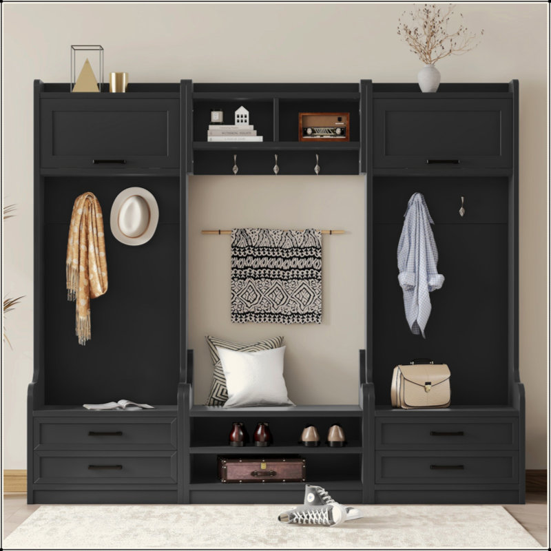4-In-1 Detachable Hall Tree With Storage And 7 Hooks, Multiple Functions Hallway Coat Rack With Storage Drawers And Cabinet, Shoe Bench For Entryway Hallway