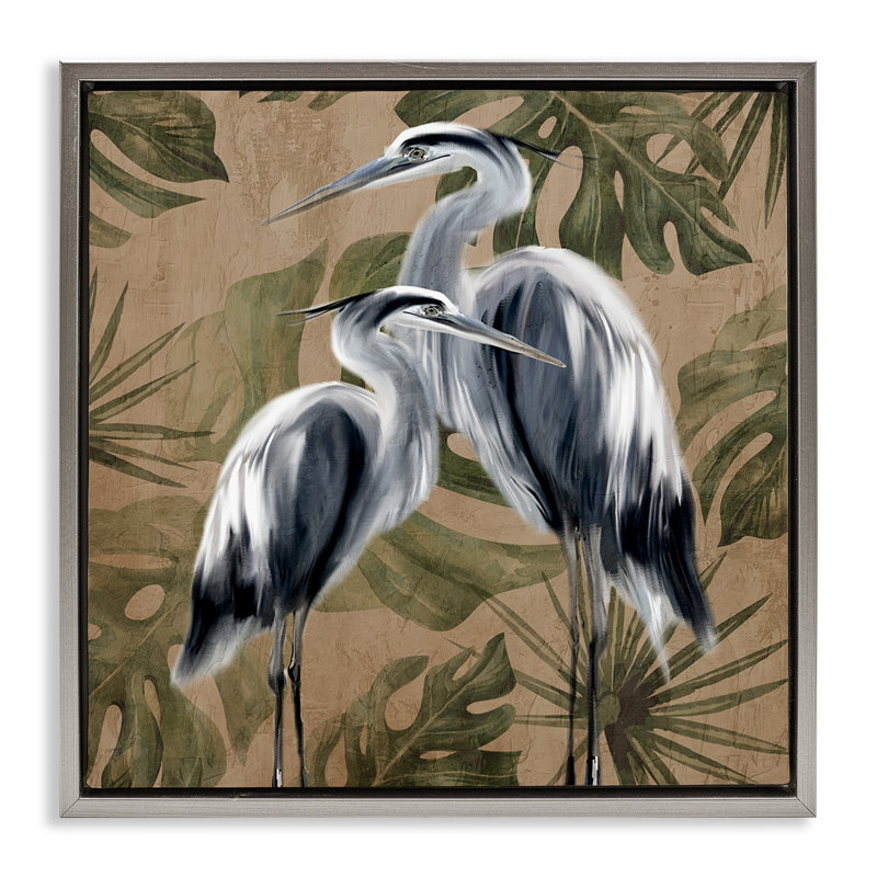 Cadre flottant deux hérons sur feuilles tropicales, design par Kim Allen, H 25 po x l 25 po, Cadre flottant gris lustré
