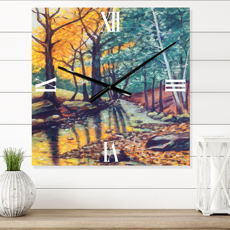 Paysage avec rivière en automne forêt coucher de soleil - horloge murale traditionnelle, Petit