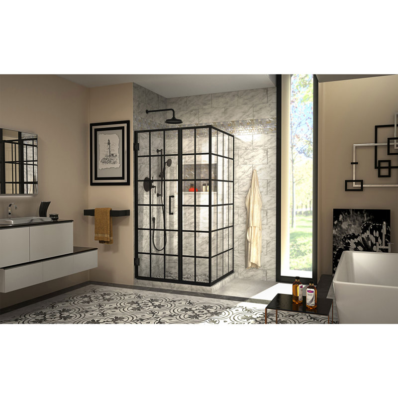 Toulon Black Frameless Hinged Shower Enclosure with Clear Glass