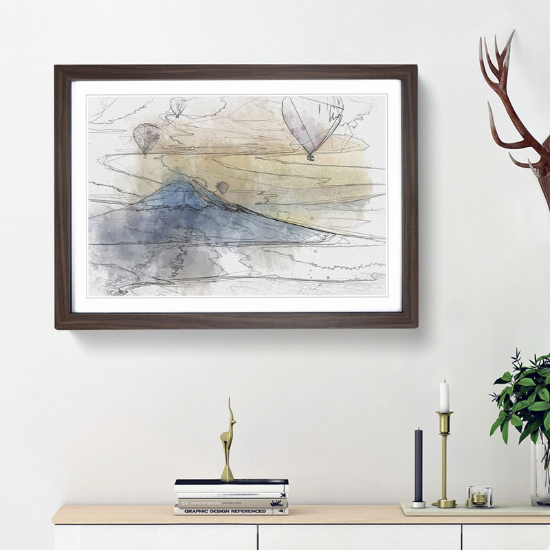 Hot Air Balloons Above Mount Fuji in Abstract - Picture Frame Graphic Art Print, 27cm H x 36cm W x 2cm D, Walnut Framed
