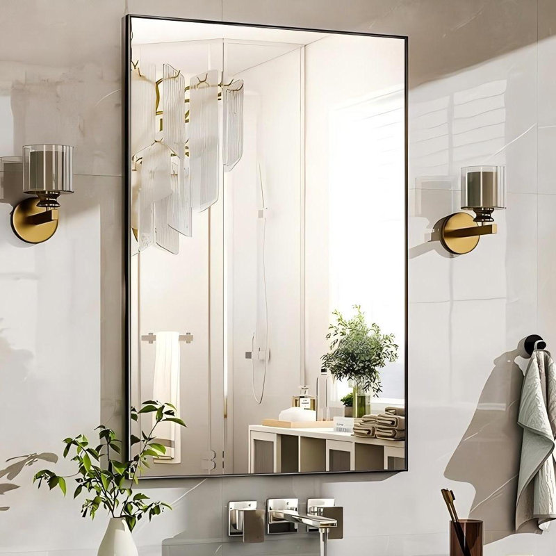 Idina Aluminum Framed Rectangle Wall Bathroom Mirror, Black, 38" H x 26" W x 0.86'' D