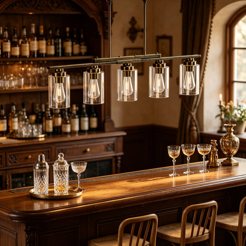 Éclairage d'îlot de cuisine à 5 lumières, lustre de style maison de campagne avec abat-jour en verre transparent et finition noire rustique, luminaire de salle à manger à hauteur réglable au-dessus de la table
