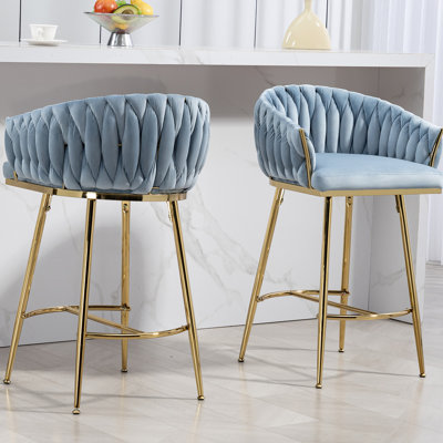 De 2 tabourets de bar à hauteur de comptoir de 26 po, tabourets d'îlot de cuisine en velours bleu avec dossier ondulé à la main, base dorée et repose-pieds, mousse haute rebondissante, sièges à pieds réglables en métal, coussin,