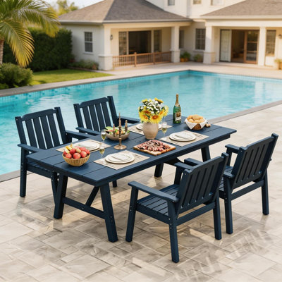 5-Piece Outdoor Dining Set for 4, HDPE All Weather Patio Furniture with Large Table Umbrella Hole, Modern Armless Chairs for Backyard Garden Deck-Navy Blue