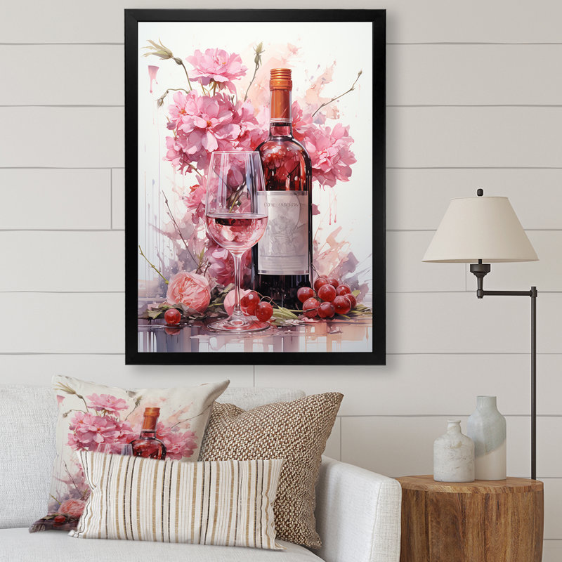 Serenity Pastel Pink Wine Blooms - Art mural vin, H 20 po x l 12 po x P 1 po, Cadre simple noir
