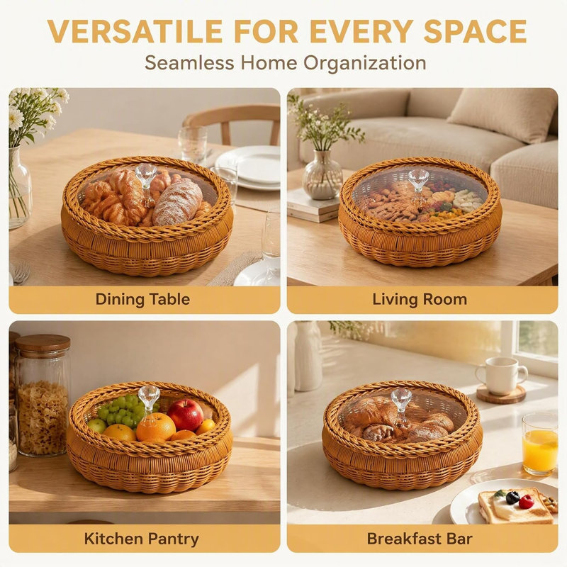 2 Pack Round Fruit Bowl with Lid, Woven Wicker Basket for Bread & Snacks