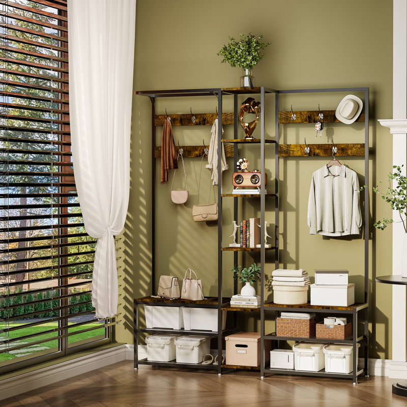 Industrial Corner Coat Rack Bench Shoe Storage Entryway Hall Tree With 10 Hooks