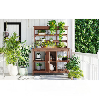 66" Large Outdoor Farmhouse Wooden Potting Bench Table, Garden Workstation with 2 Drawers, Cabinet and Open Shelves for Backyard, Mudroom, Brown
