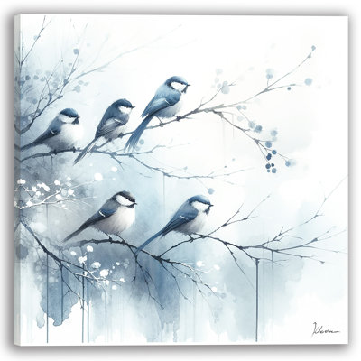 Five Birds on Branches with Delicate Botanical Accents Wrapped Canvas Wall Art