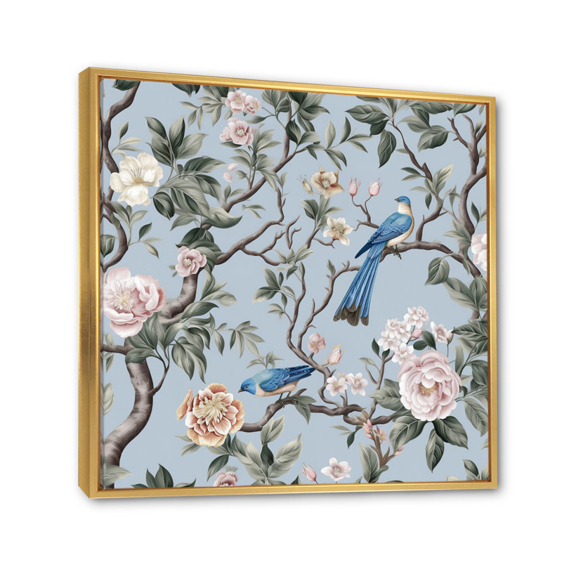 Minimalisme, oiseau sur fleurs V - impression, Cadre flottant doré, H 16 po x l 16 po x P 1 po