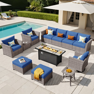 Ensemble de mobilier de patio pour 9 personnes avec assemblage à bascule pivotant, ensemble de conversation modulaire en rotin et osier avec coussins, ensemble de conversation avec canapé toutes saisons avec table de foyer 54 po