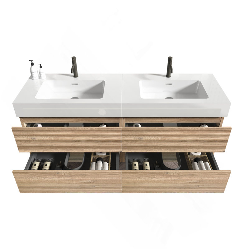 Meuble-lavabo de 60 po avec lavabo en quartz d'ingénierie et tiroirs noirs doux, meuble-lavabo mural flottant pour salle de bain moderne, lavabo blanc une pièce