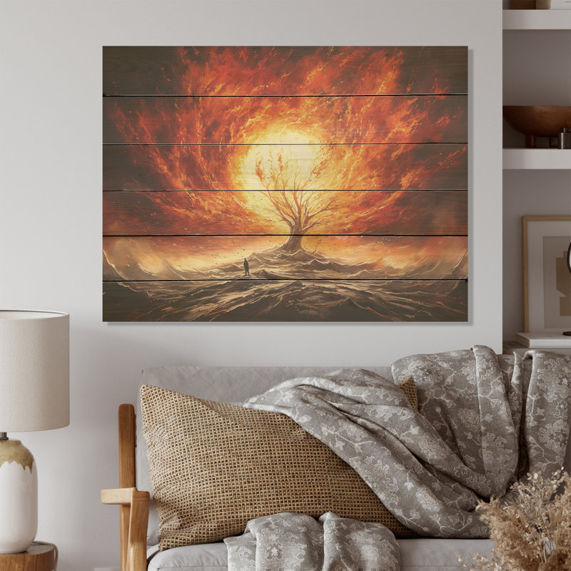 Moses Burning Bush Christianity Landscape - Christianity Wood Wall Art On Natural Pine Wood, 24" H x 32" W