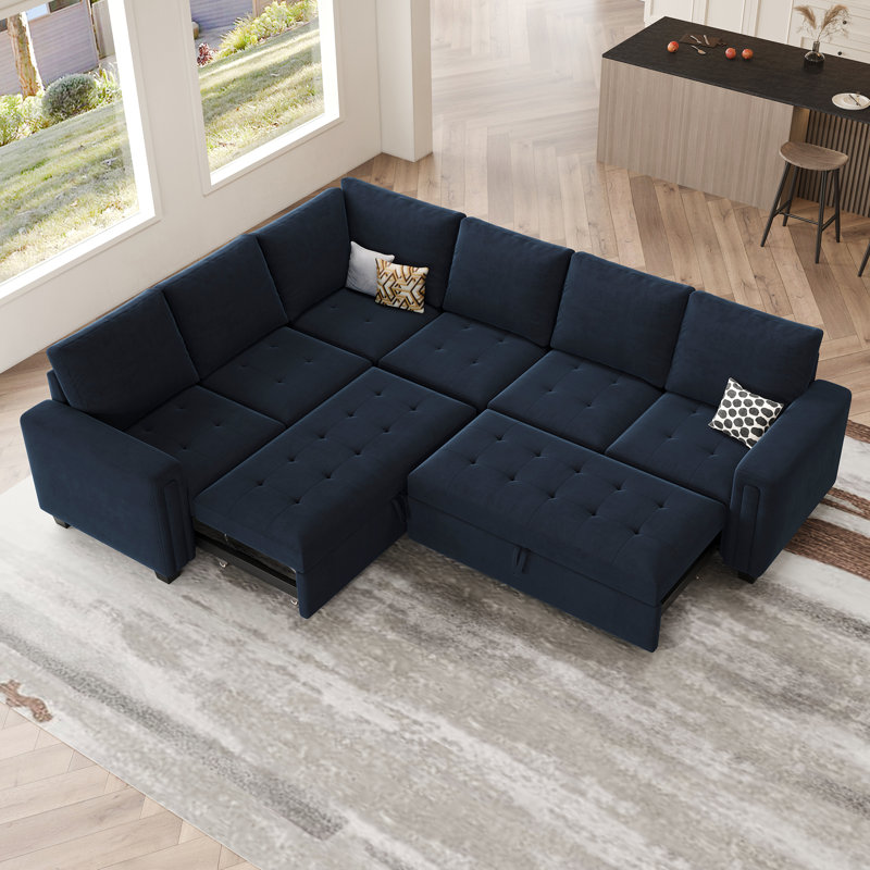 Shavera Velvet Modern Modular L-Shaped Sleeper Sofa Bed, Blue Velvet