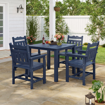 5 PCS Outdoor HIPS Dining Set, All-Weather Patio Table and Chairs W/ Umbrella Hole, Low Maintenance for Porch, Backyard