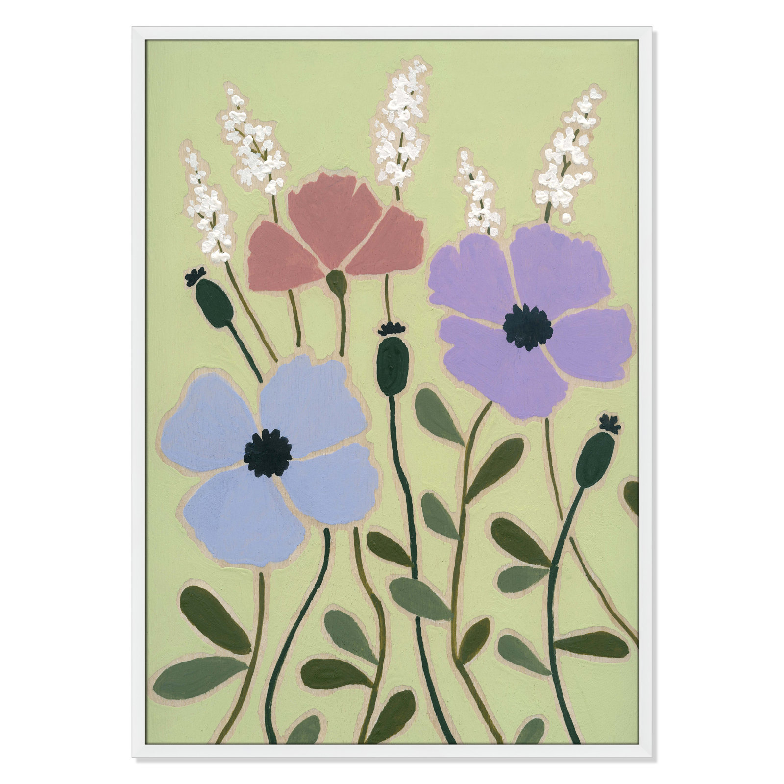 Maura "Woodblock Floral III" Print, 41.5" H x 29.5" W x 1.25" D, Satin White Framed