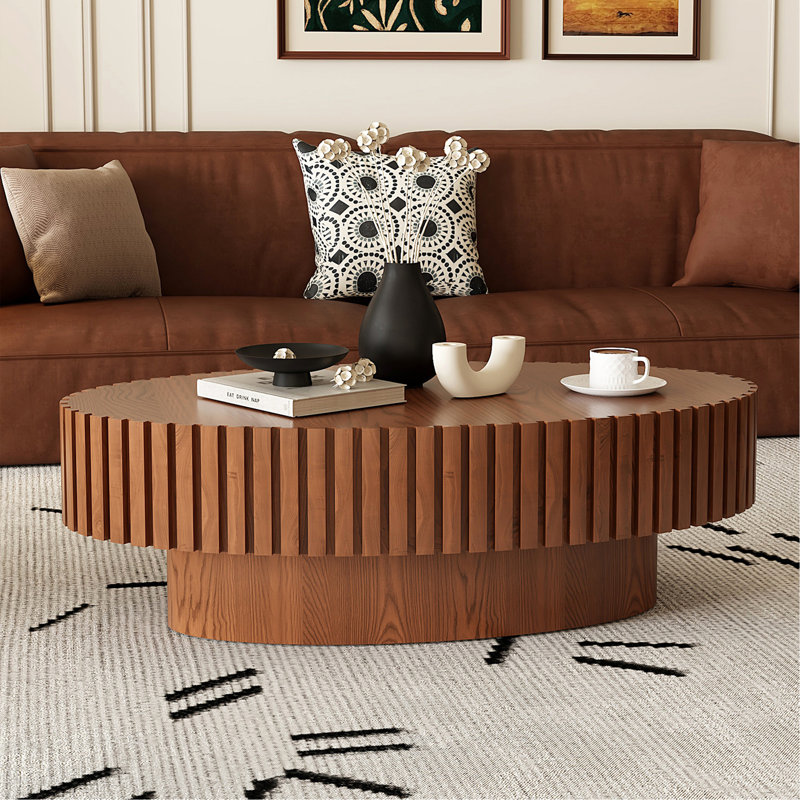 Oval Coffee Table Handcrafted Relief Sturdy Pedestal Wooden Olive-Shaped Tea Table For Living Room, Natural Wood