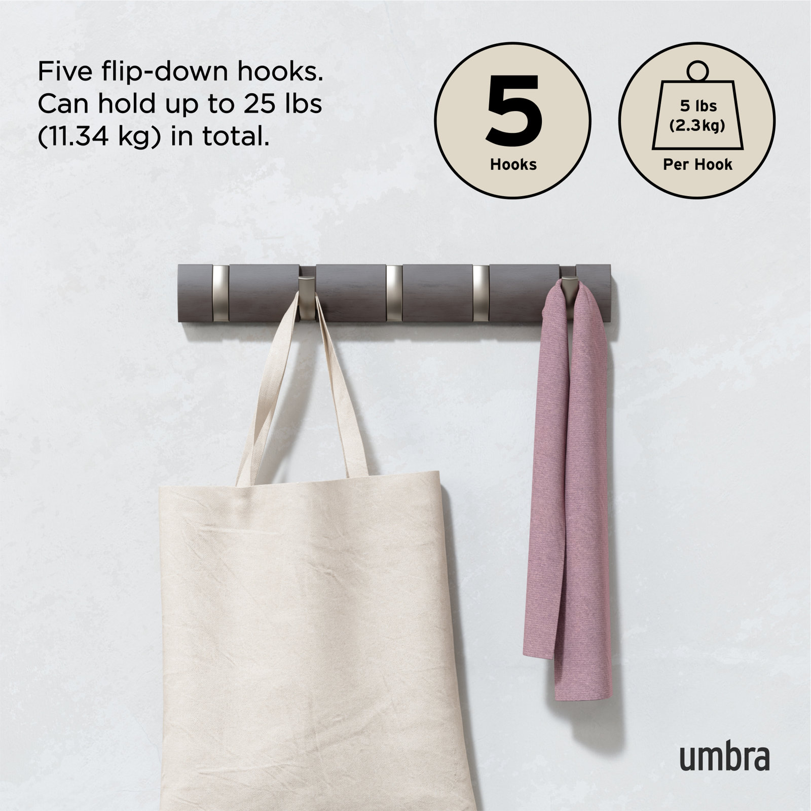 Ainikki 5-Hook Coat Rack, Driftwood/Nickel