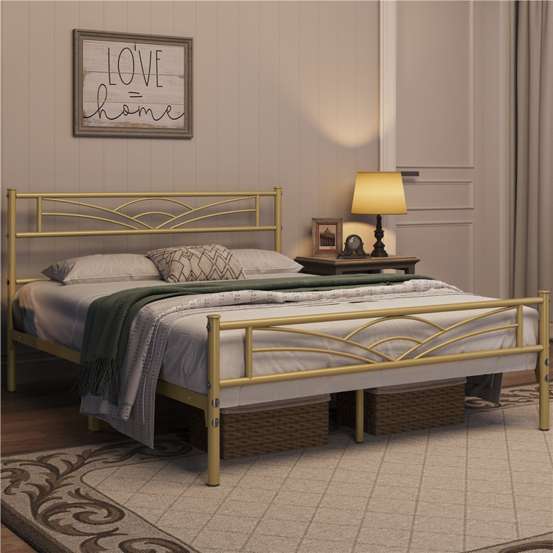 88.5cm Height Metal Bed Frame with Cloud-inspired Design Headboard, Double (4'6), Antique Gold