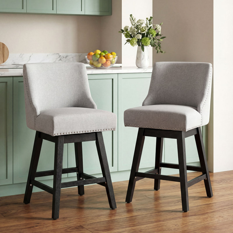 Swivel Counter Height Bar Stools Set Of 2, 25.4''H Upholstered Barstools With Backs, Modern Bar Stool Chairs For Kitchen Island, Wood Legs, Fabric, Stools Counter Chair
