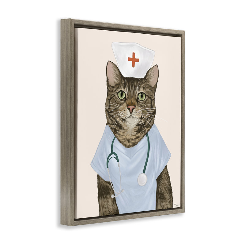 «Nurse Doctor Cat» par Tara Royle, Cadre flottant orme Montalcino, H 31 po x l 25 po