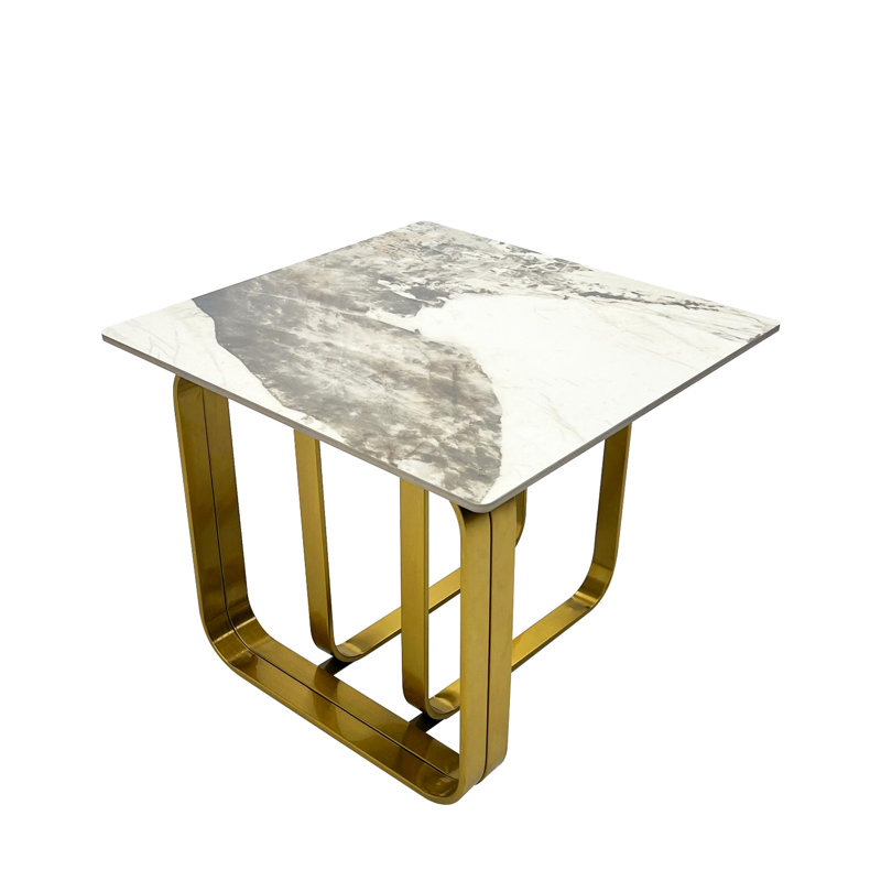 Table de bout rectangulaire avec plateau en pierre frittée polyvalente et magnifique cadre en métal doré résistant aux hautes températures