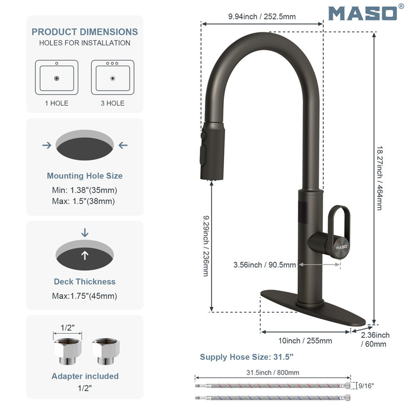 MASO Touchless Kitchen Faucet with Pull-Down Sprayer, Fahrenheit Temperature Display, 3 Spray Modes, 360° Swivel, Commercial Modern Faucet for RV, Farmhouse, Camper, Laundry & Bar,Matte Black